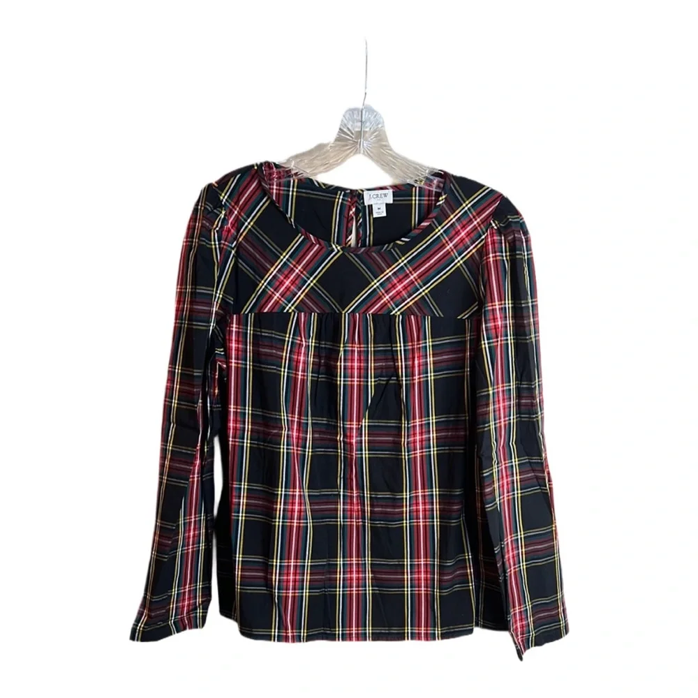 J. Crew Medium Tartan puff-sleeve top in stretch poplin